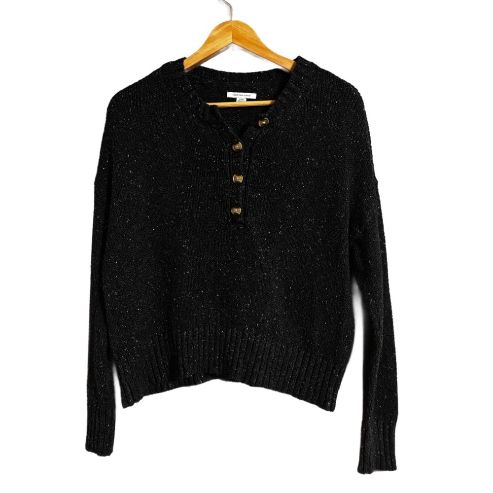 AE Cotton Knit Charcoal Gray Flecked Yarn Henley Sweater